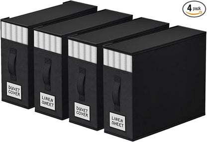 StorageTastic 4 Pack Bed Sheet Closet Organizers and Storage,Sturdy Foldable Storage Containers with Window and Label,Storage and Organization for Bedding Sheets,Duvet Covers,Blankets (Black)