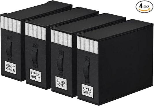 StorageTastic 4 Pack Bed Sheet Closet Organizers and Storage,Sturdy Foldable Storage Containers with Window and Label,Storage and Organization for Bedding Sheets,Duvet Covers,Blankets (Black)