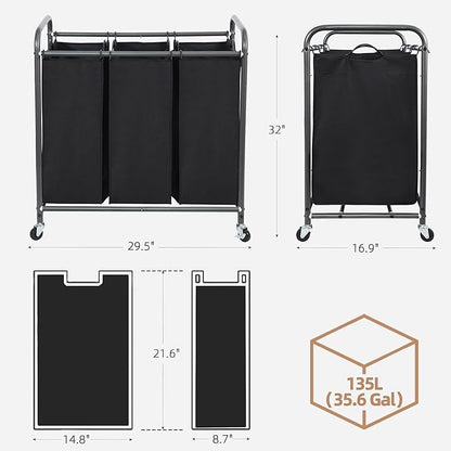 STORAGE MANIAC 3 Section Laundry Sorter, 35.9 Gal (136 L) Laundry Hamper Cart with Heavy Duty Rolling Lockable Wheels and Removable Bags, Clothes Organizer Basket Clothes Separator Hamper, Black