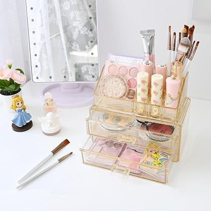 Ikee Design Acrylic Makeup Organizer with 2 Drawers Removable Top Lipstick Holders, Cosmetics Organizer for Skincare, Accessories, Lip Gloss for Vanity or Bathroom Countertop, Gold Glitter