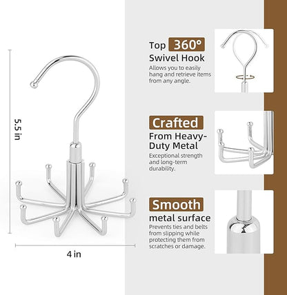 ZEDODIER Tie Hanger for Closet, 2 Pack Rotatable Tie Organizer for Men with 8 Hooks, Heavy Duty Space Saving Tie Rack for Ties and Belts, Silver