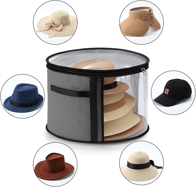 AceOrbit 4 Pcs Oversized Clear Hat Storage Box for Women 16.5 x 10.4 Inch Cowboy Hat Storage Box with Lid Hats Bags for Travel Holds up to 7 Caps (Gray,Stylish Style)