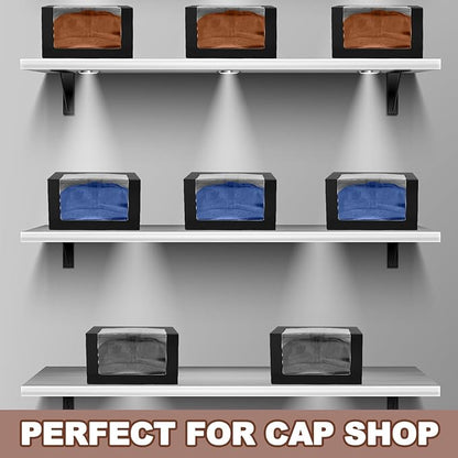 DoubleFill 100 Pcs Hat Boxes with Clear Window, Foldable Gift Boxes for Baseball Caps, Storage, Display and Shipping (Black)