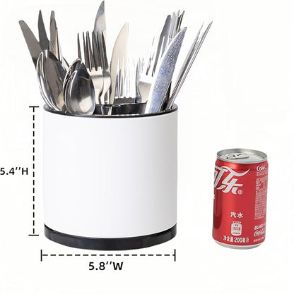 LIBODOUR Silverware Organizer Kitchen Utensil Holder 360°Rotating For Counter Organizer Stainless Steel Storage Silverware Caddy 3 Compartment Flatware Spoon Spatula Tool Cutlery Container(White)