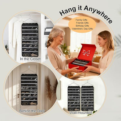 Hanging Jewelry Organizer Storage Roll 56 Zippered Pockets with Detachable Hanger Double-Sided Foldable, Travel Jewelry Holder for Earrings, Rings, Bracelets, Hanging on Closet, Wall, Door, Black