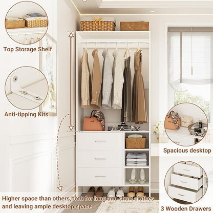 Aheaplus 2.5FT Closet System with 3 Drawers, 29.5’’ Closet Organizer, Wood Closet Organizer System, Walk-in Closet or Small Closets Wardrobe, Clothes Rack with Hanging Rods,-E6, White