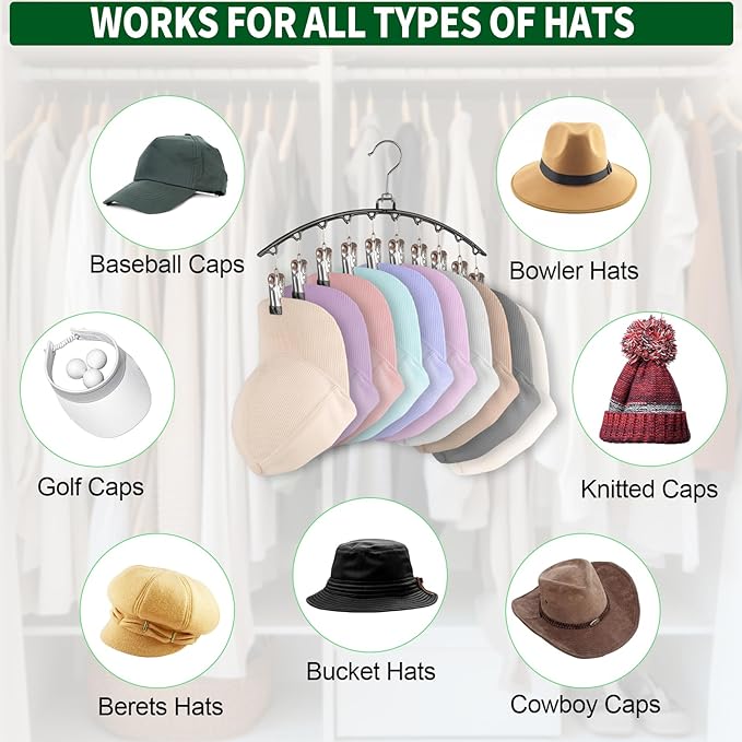Hat Organizer, Hat Storage for Baseball Caps, Hat Hangers for Closet, Hat Racks with 20pcs Clips, Cap Holder Organizer-Black, LC-08