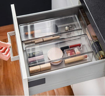 Transparent Flatware Tray Kitchen Drawer Organizer With Lid - Plastic Kitchen Cutlery Tray and Utensil Silverware Storage Container with Cover - Dinnerware Holder for Spoons Forks Knives