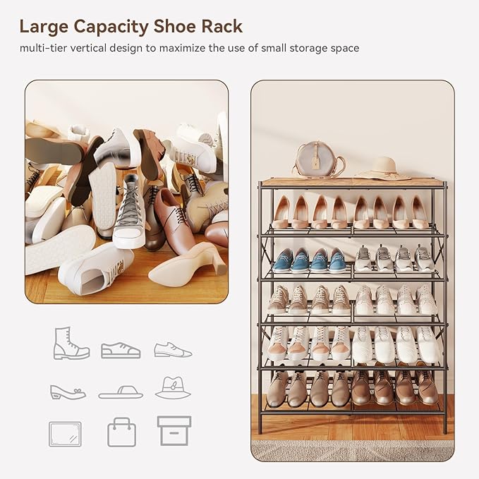 IBUYKE 6 Tier Shoe Rack, Large Capacity Shoe Storage Organizer for 24 Pairs of Shoes, Metal Shoe Storage Rack with Shelf for Entryway Hallway Closet Garage, Rustic Brown and Black TXJ016H