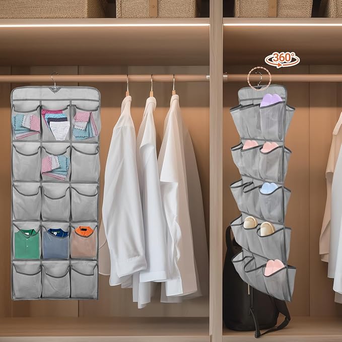 3Pcs 30 Large Pockets Dual Sided Hanging Shoe Organizer Double-Side Closet Storage Shelves with Rotating Hanger Space Saving Storage Bag Portable Shoe Rack Holder for Bedroom Laundry Room,Gray