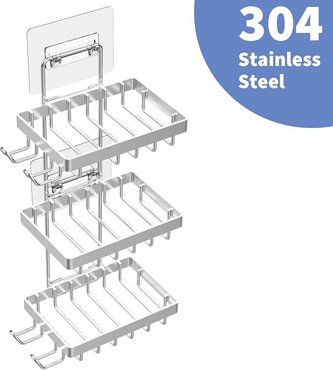Moforoco Silver Soap Dish Holder for Shower Wall, No Drilling, 3-Tier 304 Rustproof Stainless Steel, Soap Bar Holder with 4 Hooks, Shampoo Bar Holder for Shower Caddy for Bathroom