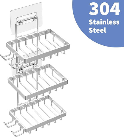 Moforoco Silver Soap Dish Holder for Shower Wall, No Drilling, 3-Tier 304 Rustproof Stainless Steel, Soap Bar Holder with 4 Hooks, Shampoo Bar Holder for Shower Caddy for Bathroom