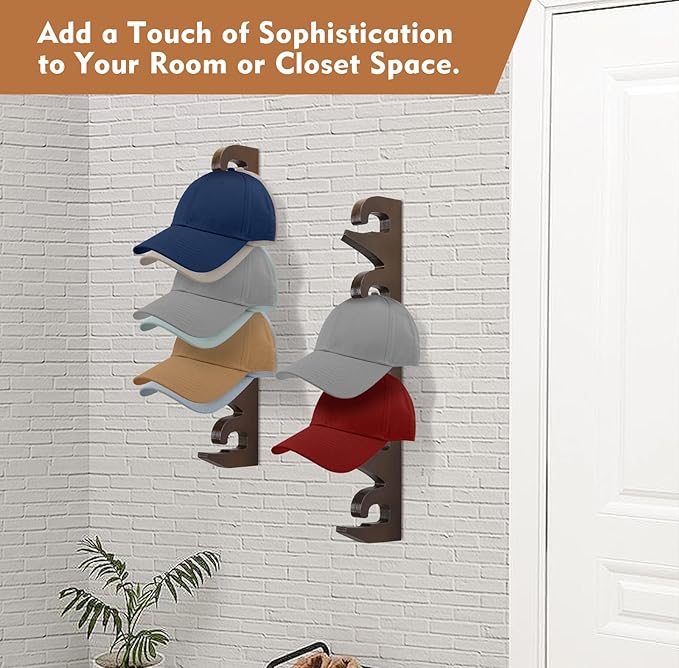 Hat Rack Hats Organizer for Baseball Caps Wood Cap Storage Hat Hooks for Wall Baseball Hat Storage Organizer Hat Display Up to 20 Hats for Closet Wall, Set of 2