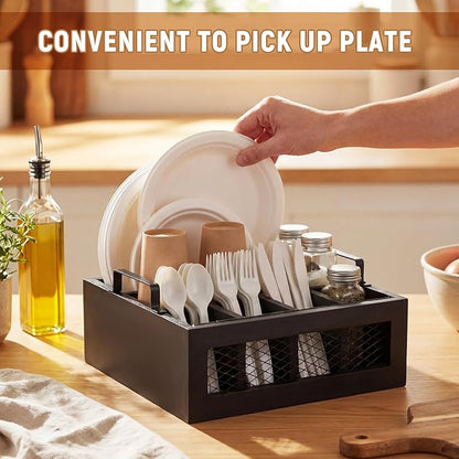 Mimorou Wooden Napkin Paper Plate and Utensil Holder Caddy for Party Kitchen Counter Cutlery Flatware Organizer for Utensil Caddy Cups Spoon Forks Napkins, Kitchen Accessories(Black)
