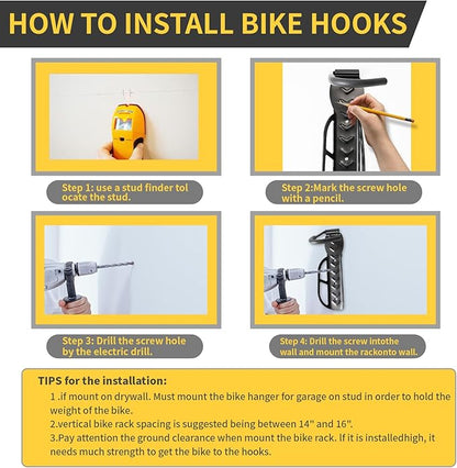 Vertical Bike Rack Wall Mount for Garage–Heavy-Duty Steel Bicycle Hook for Indoor Storage, Space-Saving Holder for Road, Mountain & Hybrid Bikes, Fits Tires Up to 2.6" Wide (2 Pack)
