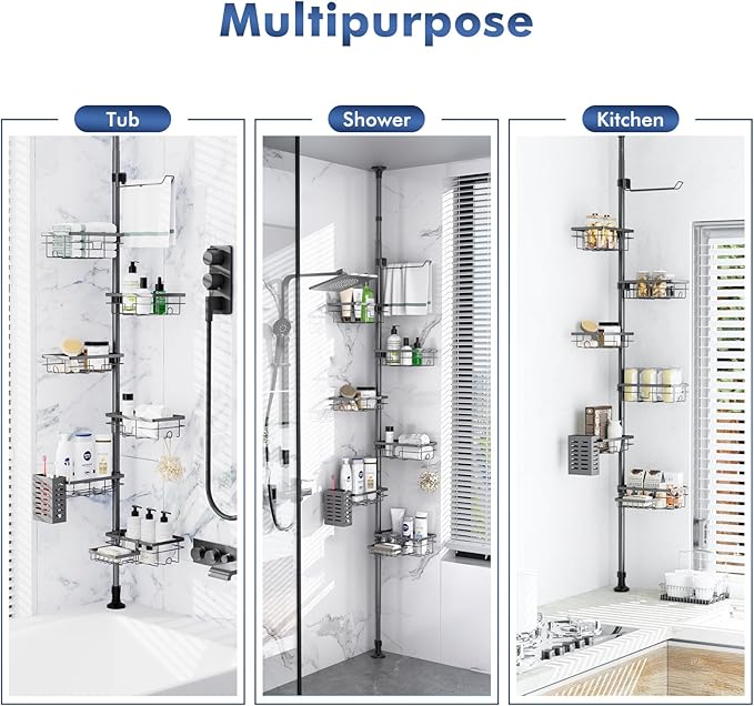 Vatex Corner Shower Caddy Tension Pole,30-120 Inch Adjustable Shower Organizer, 6-Tier Shower Shelves with Towel Rack/Toothbrush Holder/Soap Dish, Bathroom Corner Storage Rust-Resistant