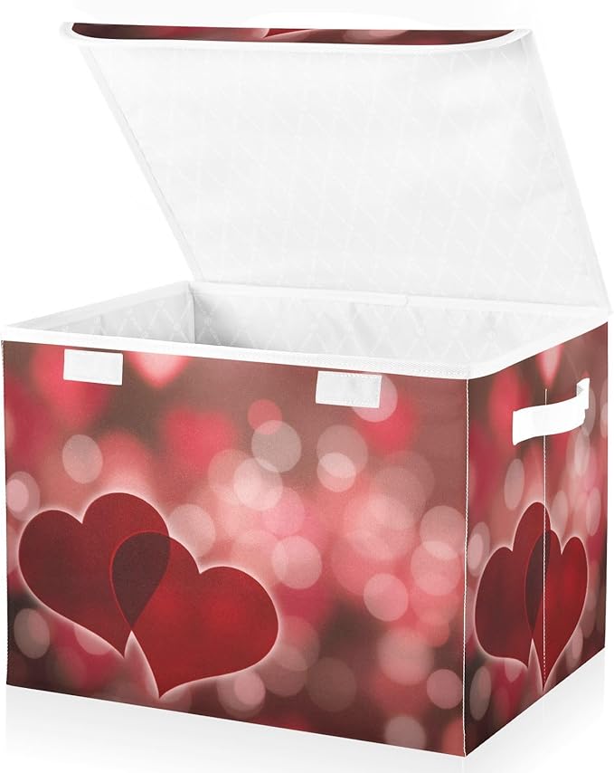 senya Valentines Baskets Collapsible Storage Bins with Lids, Hearts Bokeh Effect Storage Boxes Clothes Baskets for Organizing