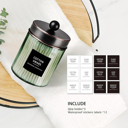 3 Pack Apothecary Jar Canisters Bathroom Vanity Organizer - Qtip Holder Storage Organizer Set Countertop Canister with Stainless Steel Lids &Cute Stickers for Qtips,Cotton Swabs,Makeup Sponges,Floss