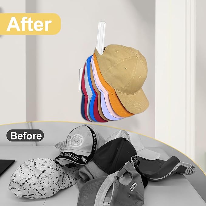 8 Pack Hat Rack for Baseball Cap, Adhesive Ball Caps Holder on Wall, No Drilling Hat Organizer Storage Wall Mount, Hat Hanger Display, Clear