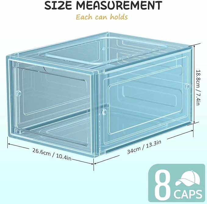 SCAVATA 6 Pack Hat Organizer Box, Stackable Clear Baseball Caps Holder Box Containers with Magnetic Door for Hats Snapback Cap Storag, Hat Rack Display Case, Holds 8 Hats Each (Blue)