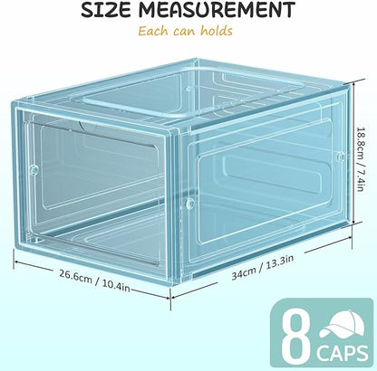 SCAVATA 6 Pack Hat Organizer Box, Stackable Clear Baseball Caps Holder Box Containers with Magnetic Door for Hats Snapback Cap Storag, Hat Rack Display Case, Holds 8 Hats Each (Blue)