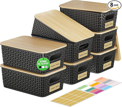 8 Pcs Plastic Storage Bins with Bamboo Lids and Labels 5.29qt Stackable Box Basket Pantry Decorative Containers, Small Storage Baskets for Desktop Organizing Shelves Bedrooms Cabinets 10*7.2*4.1"