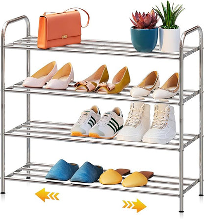 4-Tier Expandable Shoe Rack – Adjustable Heavy Duty Organizer Shelf | 100% Stainless Steel & 4-Rod Stretchable | Small Space Shoe Rack for Closet Entryway (15" to 27", Silver)