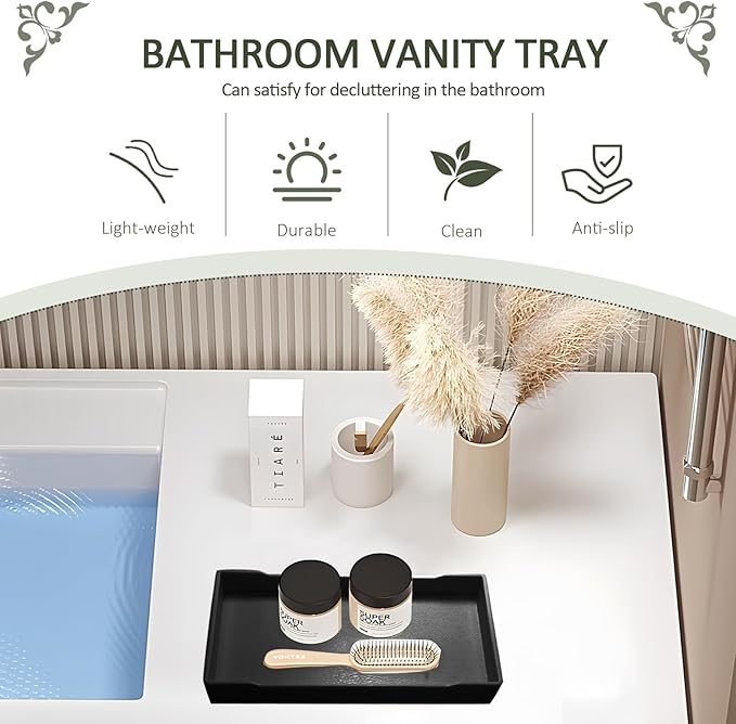 Jiozermi 8.03" Black Rectangular Plastic Vanity Tray for Bathroom and Kitchen, Modern Shatterproof Soap Tray with Polished Finish