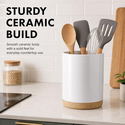 Ceramic Kitchen Utensil Holder for Countertop, Modern Crock with Non-Slip Cork Base, Counter Organizer for Cooking Tools , White