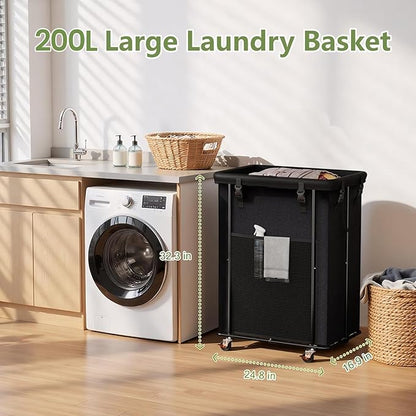 200L Laundry Hamper with Wheels, Rolling Laundry Basket with Metal Frame and Removable Bag, Large & Tall Dirty Clothes Hampers for Bedroom Aesthetic, Laundry Room, Bathroom, Dorm-Black