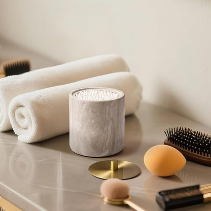Marble Qtip Holder with Brass Lid for Cotton Swabs,Balls,Pads,Floss Picks Large Capacity Marble Apothecary Jar for Bathroom Essentials Decor, Vanity Makeup Storage Organizer Grey (WH079)