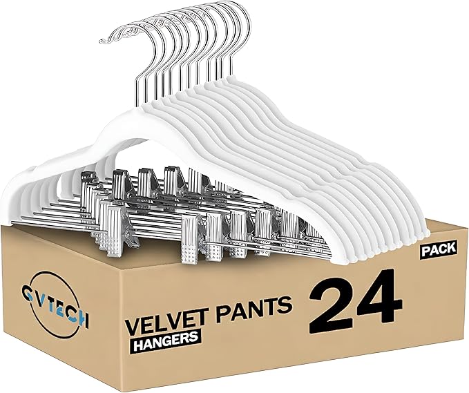 GVTECH Velvet Hangers with Clips, [24 Pack] Metal Clip Hangers for Pants - Notched Skirt Hangers for Pants, Skirts, Suit, Dresses & Shirts 360° Swivel Hook, Non Slip Felt Hanger (White, 24 Pack)