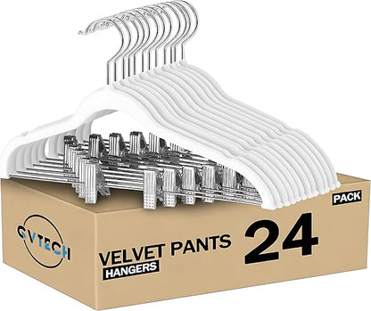 GVTECH Velvet Hangers with Clips, [24 Pack] Metal Clip Hangers for Pants - Notched Skirt Hangers for Pants, Skirts, Suit, Dresses & Shirts 360° Swivel Hook, Non Slip Felt Hanger (White, 24 Pack)
