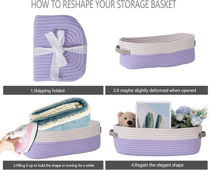 Cotton Rope Woven Basket Toilet Paper Baskets for Organizing Decorative Basket for Boho Decor Small Storage Basket Gift Baskets 13"x5.9"x4" Purple