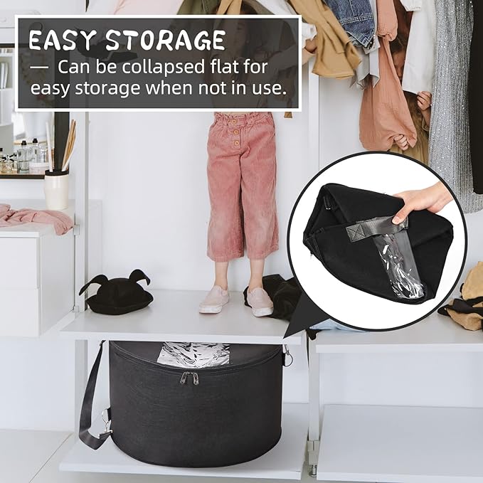 LITLANDSTAR Organizer for Women and Men, Round Storage Box Portable Felt Container Foldable Hat Holder With Dust Proof Lid, Rack for Closet or Travel (17" D x 10" H, Black)