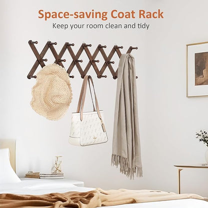 Accordion Wall Hanger, Hat Rack for Wall with 20 Coat Hooks, Expandable Hat Hangers Organizer, Vintage Decorative Coat Rack Wall Mount for Purse, Mug (Brown)