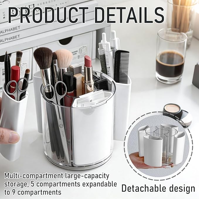 Rotating Makeup Organizer Countertop, Detachable Desk Organizer, 5 Slots Unique Make up Brushes Cup for Cosmetics, Art Supply, Multi Compartment Pen Holder, White, 1 Piece