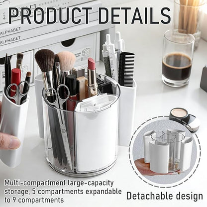 Rotating Makeup Organizer Countertop, Detachable Desk Organizer, 5 Slots Unique Make up Brushes Cup for Cosmetics, Art Supply, Multi Compartment Pen Holder, White, 1 Piece
