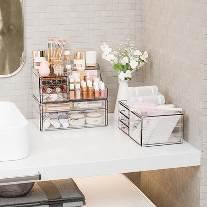Yieach 3 Pack Clear Makeup Organizer Countertop for Dresser,Vanity and Bathroom Counter Organizer,Tiered Stackable Makeup Acrylic Organizers with 9 Drawer for Skincare,Brush and Make up Holders