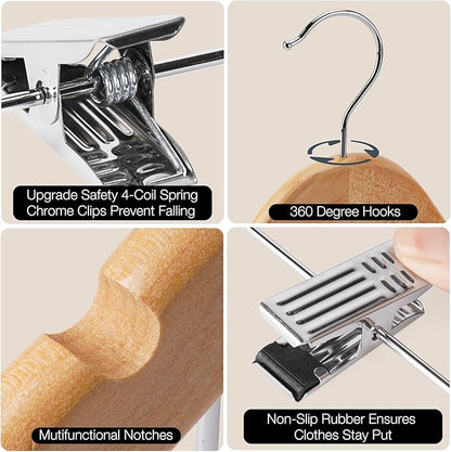 Wooden Hangers with Clips 24 PCS Pants Hangers with Clips,Smooth Solid Wooden Pants Hangers,360 Swivel Hooks & Adjustable Clips,for Jeans,Skirt,Suit,Shorts,Scarf.