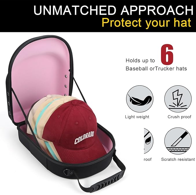 GERMUN Hard baseball hat case, Hat Carrier Travel Case with Adjustable Shoulder Strap, Hat cap case for 6 Baseball Caps - Perfect for Traveling & At-Home Storage (Black with Pink)
