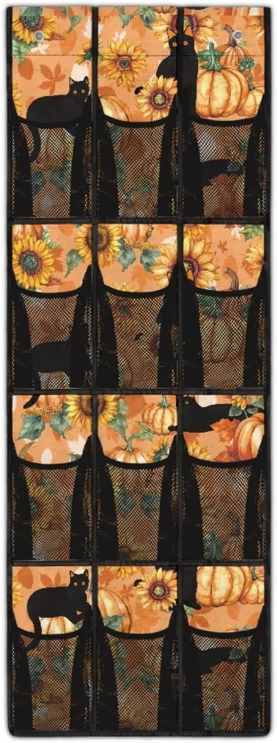 Pumpkin Sunflower Over The Door Closet Organizer for Thanksgiving Home Decor,Large Capacity Behind Door Organizer Multi-Funtion Storage Bag,Space Saving Wall Hanging Storage with 12 Pockets