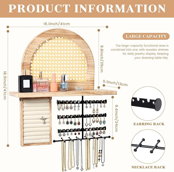 AceOrbit Hanging Jewelry Organizer Wall Mounted with Rustic Wood Rattan Shelf Wooden Ring Display Box Large Boho Jewelry Holder for Necklaces Bracelet Earrings Rings Storage