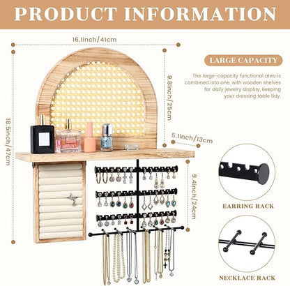 AceOrbit Hanging Jewelry Organizer Wall Mounted with Rustic Wood Rattan Shelf Wooden Ring Display Box Large Boho Jewelry Holder for Necklaces Bracelet Earrings Rings Storage