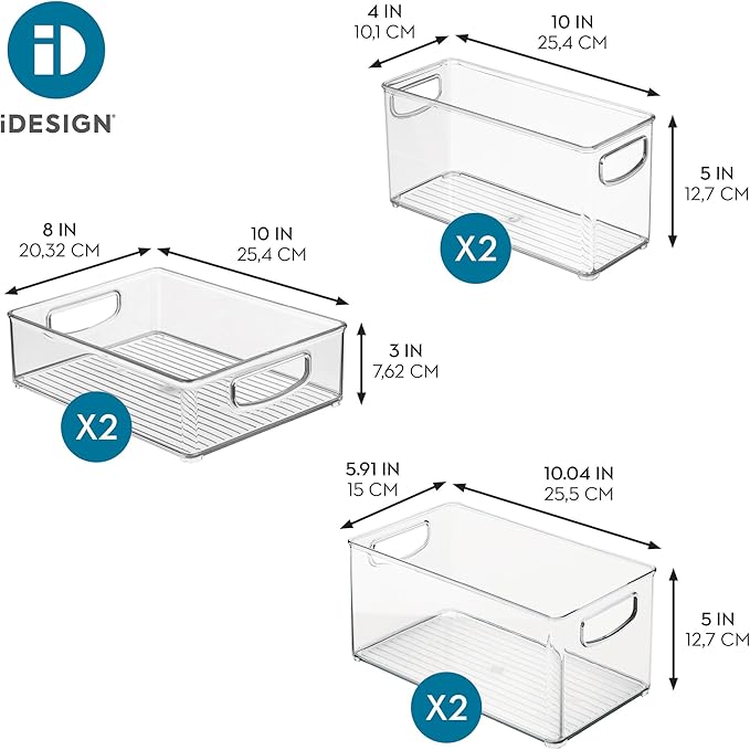 iDesign Stackable Pantry Bins, 2 Small, 2 Medium, and 2 Large Bins, 6 Pack, Clear, Made in USA