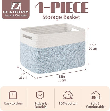 OIAHOMY 4 Pack Storage Baskets for Organizing, Basket for Shelves with Handle, Woven Baskets for Storage Toys, Towels, Books, Cotton Rope Basket 13" L x 9 " W x 7.8 " H, Light Blue & White