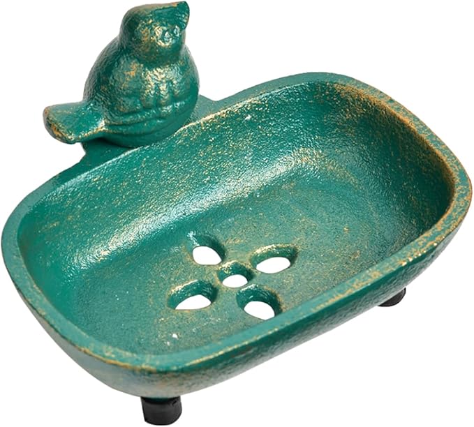 Sungmor Heavy Duty Cast Iron Hand Soap Holder - Lovely Bird Shaped & Antique Green Finish - Decorative Tabletop Soap Dish Tray for Kitchen Bathroom Sink - Practical Bath Soap Box Container