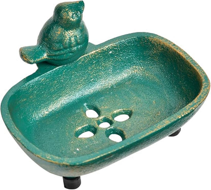 Sungmor Heavy Duty Cast Iron Hand Soap Holder - Lovely Bird Shaped & Antique Green Finish - Decorative Tabletop Soap Dish Tray for Kitchen Bathroom Sink - Practical Bath Soap Box Container