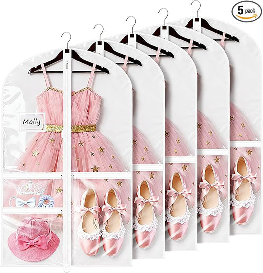 Univivi Dance Costume Garment Bags for Kids, 40 Inch Foldable Garment Bags for Dance Costumes with Clear PVC Window and 3 Zipper Pockets for Dance Competition, White (5 Pack)