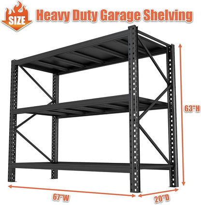 Heavy Duty Metal Garage Shelving Unit, 3-Tier Adjustable Storage Shelves, 3000LBS for Garage & Basement, Kitchen and Pantry Industrial Steel Rack, Ideal for Tool Organization & Storage, Black, 67"W